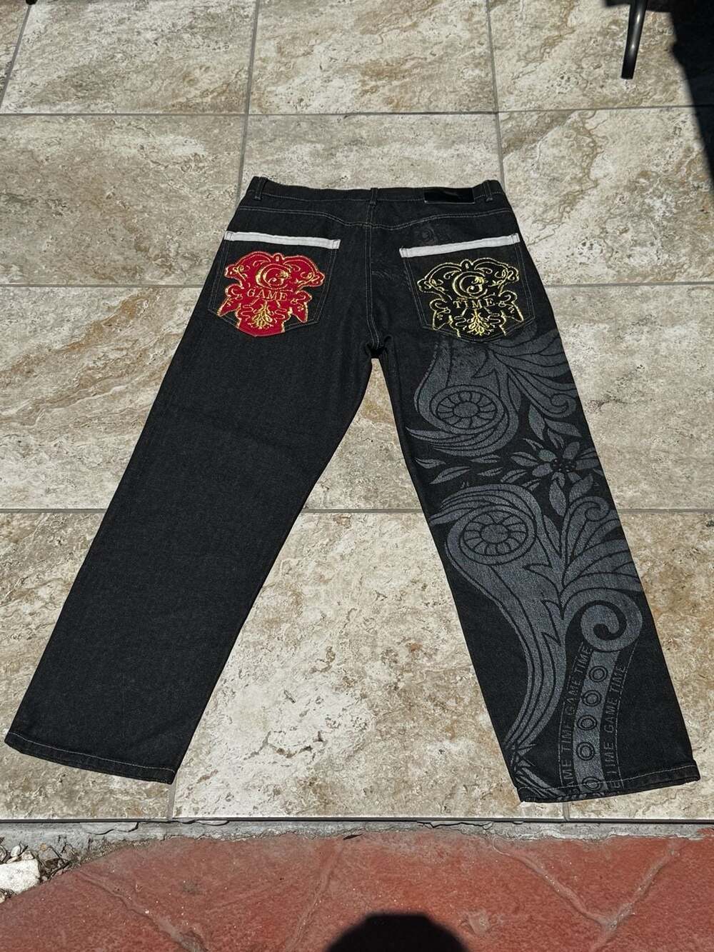 Game Time Vintage Y2K Hip Hop Baggy Embroidered Black Denim Jeans - Picture 2 of 9